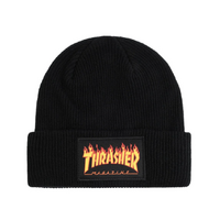 THRASHER MAGAZINE Flame Logo Patch Beanie Hat Black OSFA