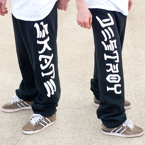 THRASHER SKATE AND DESTROY TRACK PANTS FLEECE BLACK SWEATPANTS [Size: M]