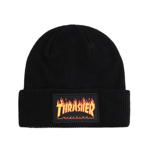 THRASHER MAGAZINE Flame Logo Patch Beanie Hat Black OSFA